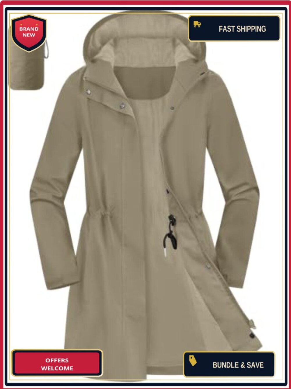 Women's Waterproof Packable Long Rain Jacket with Hood